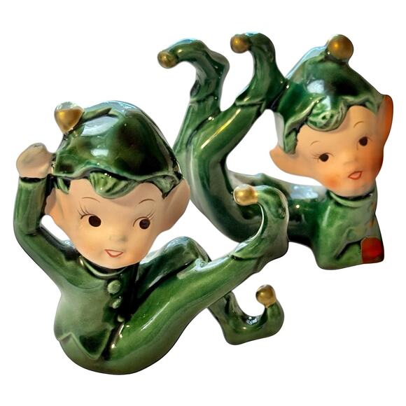 Set of 2 Vintage Lefton E-2347 Playful Whimsical Pixie Christmas Elf Figurines - Picture 1 of 16